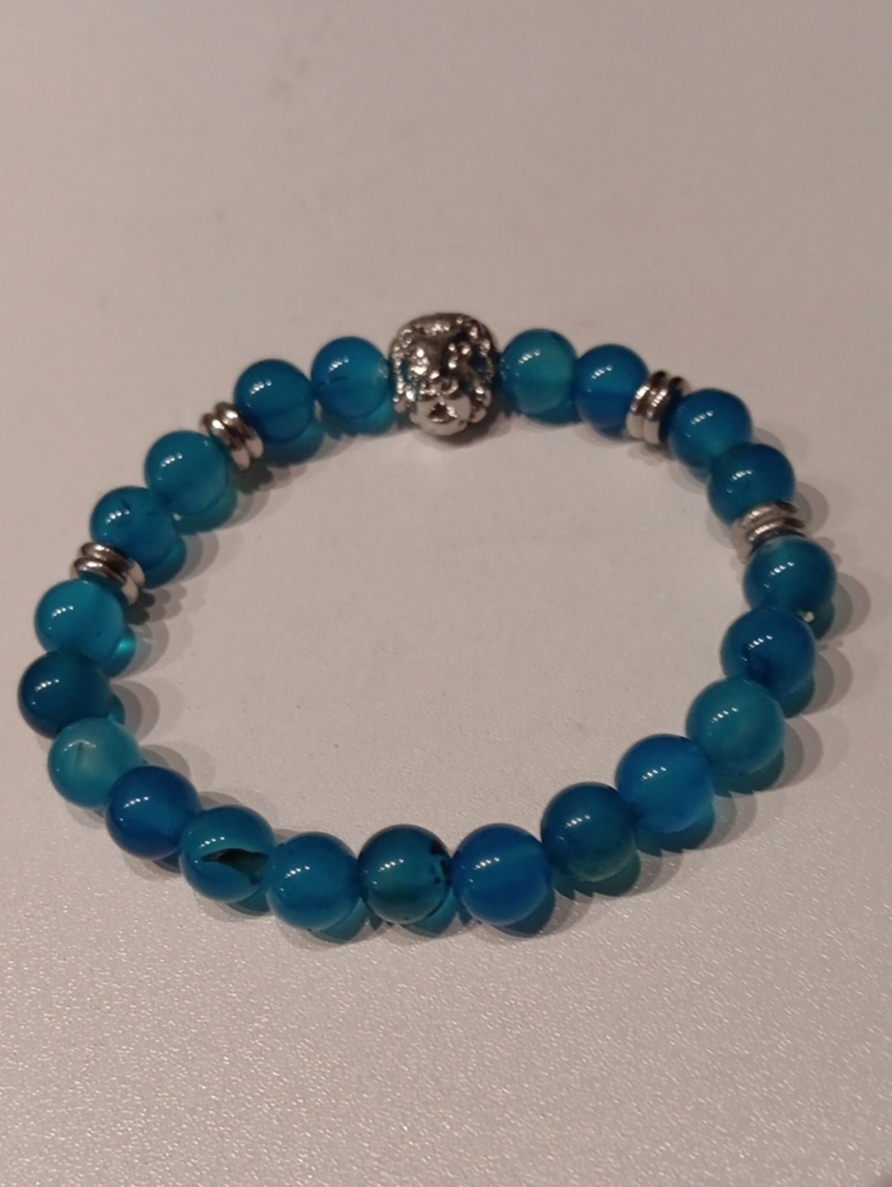 Blue Beaded Stretch Bracelet with Silver Accents